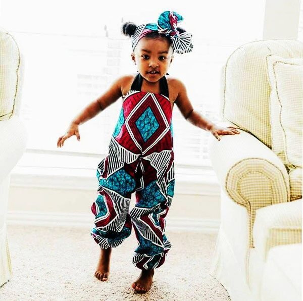 African Print Girls Jumpsuit and Hair Wrap Set