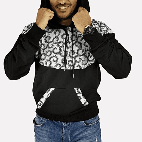 Multicolor Kente Ankara Stylish Pocket Black and white Hoodie