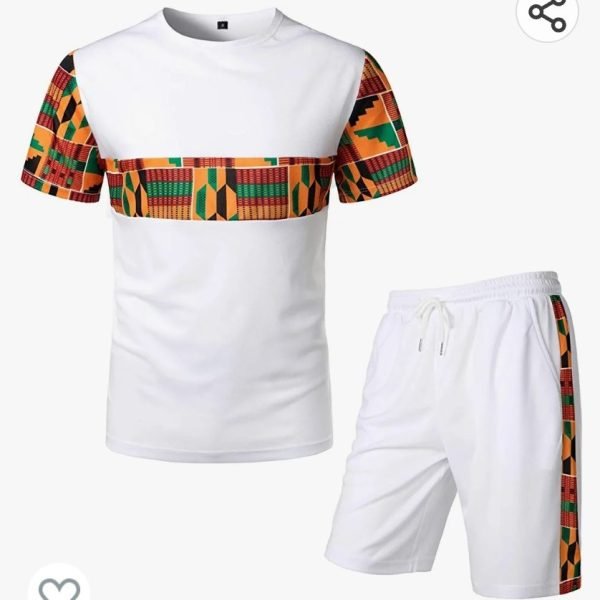 Colourful Ankara T-Shirt with short Set, African Men Clothing, African Men's Wear, Ankara Shirt... White- Black-Grey Black