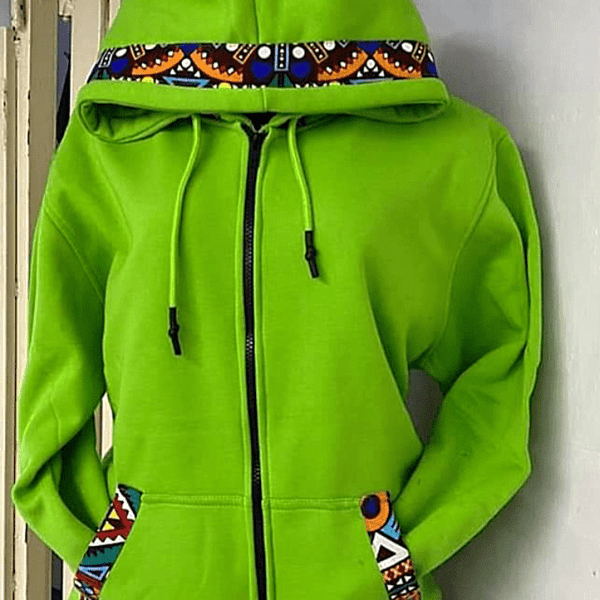 Colourful Kente Ankara Stylish Poket with full zipper Light Green Hoodie