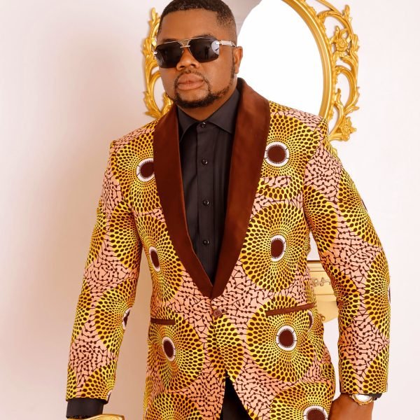 Men’s African Print Ankara Tuxedo Jacket Blazer in Brown White Yellow and Black