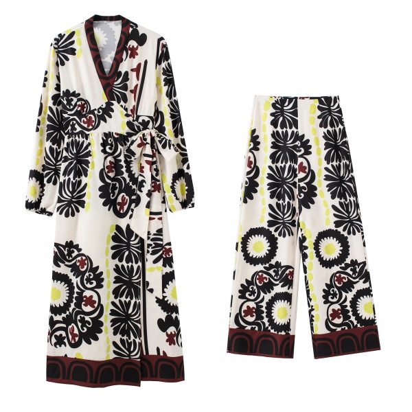 Summer New Style Wrap Print Long Dress Print Wide Leg Pants Suit