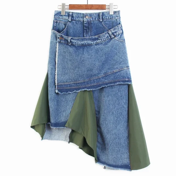 Women Skirt Irregular Color Matching Denim Long Skirts For Women Asymmetry Vintage Fashion Denim Skirts