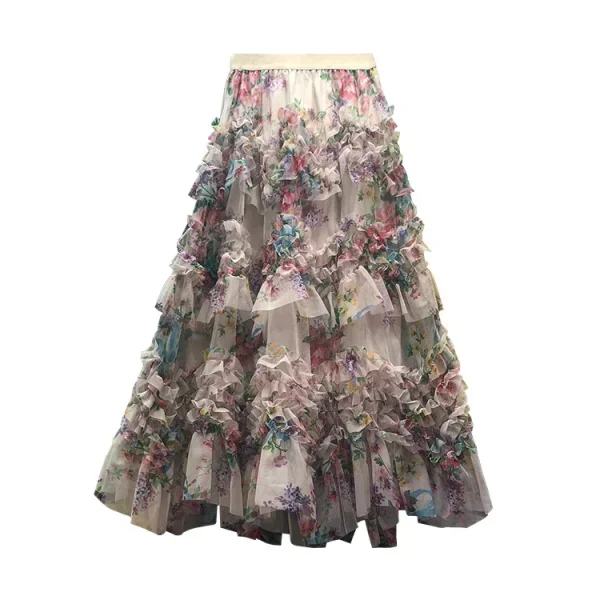 French Chic Maxi Skirts for Women Mesh Patchwork Floral Printed Female Skirts A-line High Waist Ladies Tulle Skirt