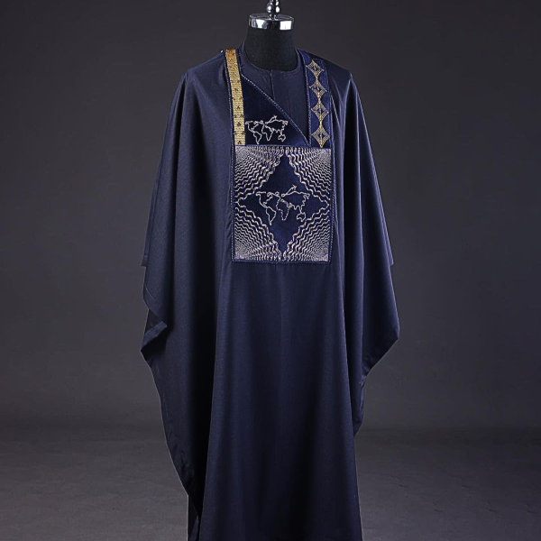 A Navy Blue, Ajala The Traveler Metallic Wire Embroidery Details Agbada