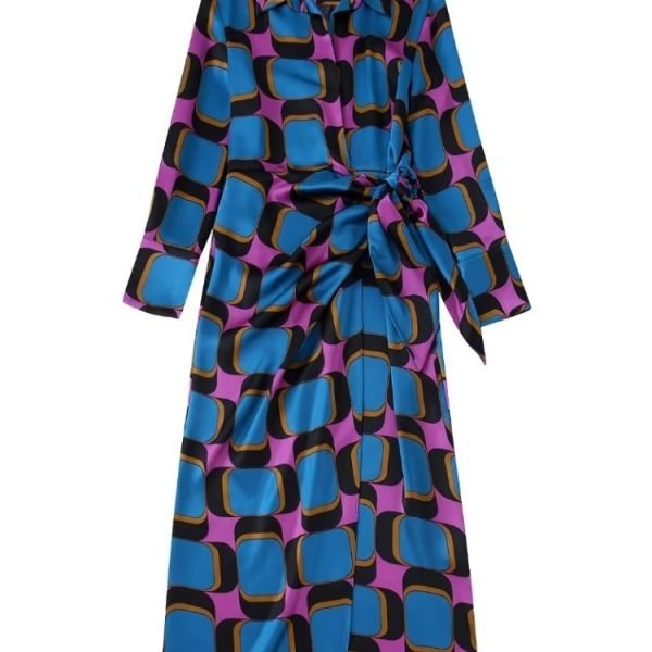 Women Vintage Contrast Color Geometric Print Side Bow Tied Slim Wrap Midi Dress Female Long Sleeve Kimono