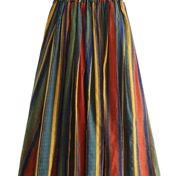 Qooth Spring Summer Women High-waisted Vertical Striped Skirts Women Chiffon Midi A-line Skirt With Big Swing