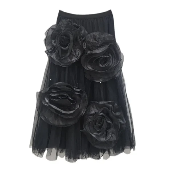 Autumn Fashion New Mesh Handmade Three Dimensional Flower Decoration Skirts For Women High Elastic Waist Skirt