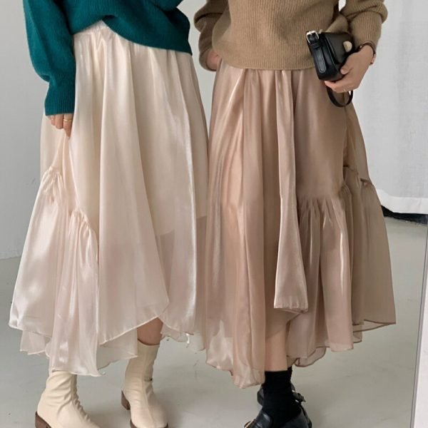 Elegant Irregular Long Skirts Women Elastic High Waist Mesh Patchwork Loose Female A-line Skirts with Lining
