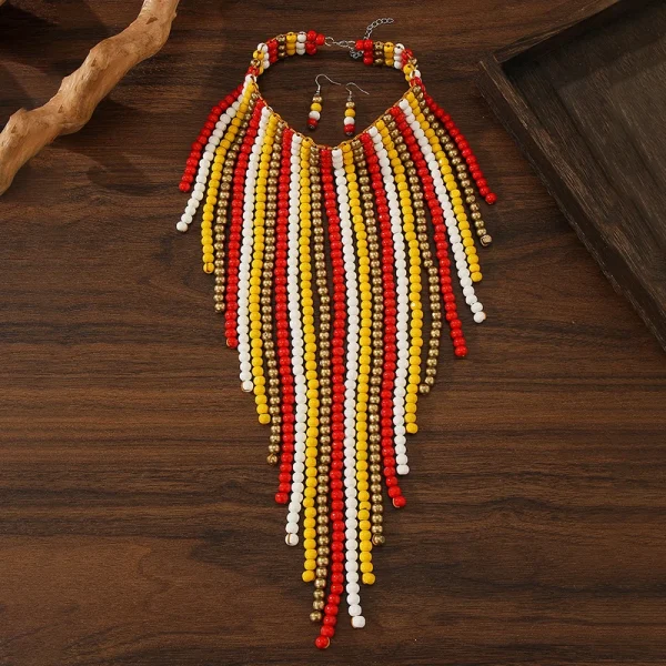 African Wood Beads Multi-layer Tassel Necklace Earrings Set Bohemia Colorful Beaded Choker for Women Jewelry Set Wedding Party