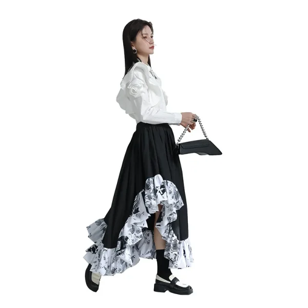Women Skirt Ruffles Patchwork Color Matching Asymmetry High Waist Skirts Irregular Fashion Vintage Long Skirts For Women