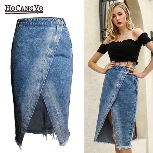 Women Midi Skirts High Waist Large Size Cotton Jeans Skirt Women Casual Tassels Washed Denim Skirts Sexy Split MIDI Skirt