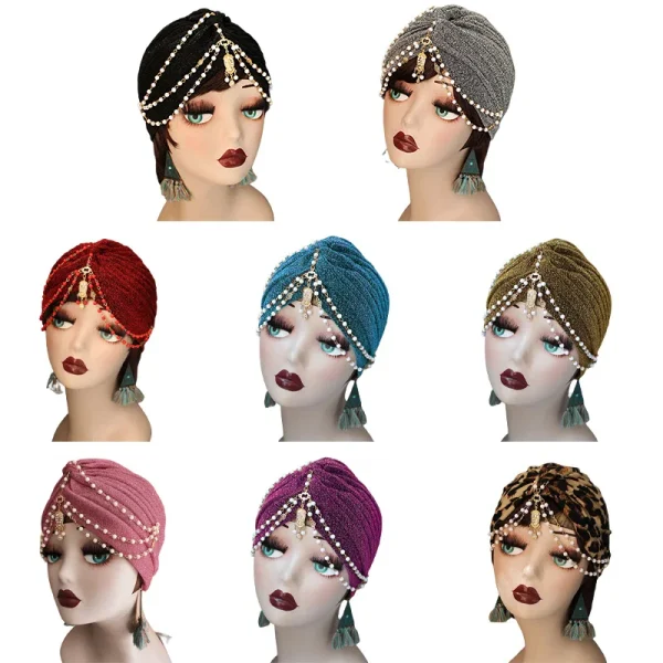 Fashion Exotic Muslim Turban Women Boho Pearl Chain Head Scarf Bonnet Hijab Cap Solid/Leopard Arab Dance Party Wrap Turbantes