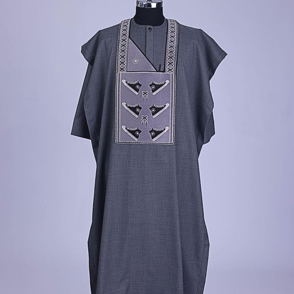 An Iron Grey, stepping all stars metallic wire embroidery details agbada