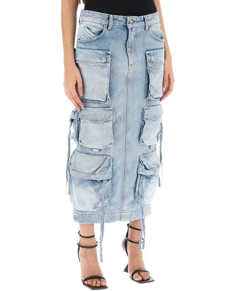 Solid Casual Loose Denim Skirt For Women High Waist Patchwork Pocket Designer Cargo Skirts Female Fashion New