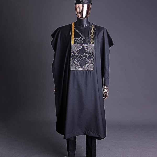A Charcoal Black, Ajala The Traveler Metallic Wire Embroidery Details Agbada With Swarovski Stone