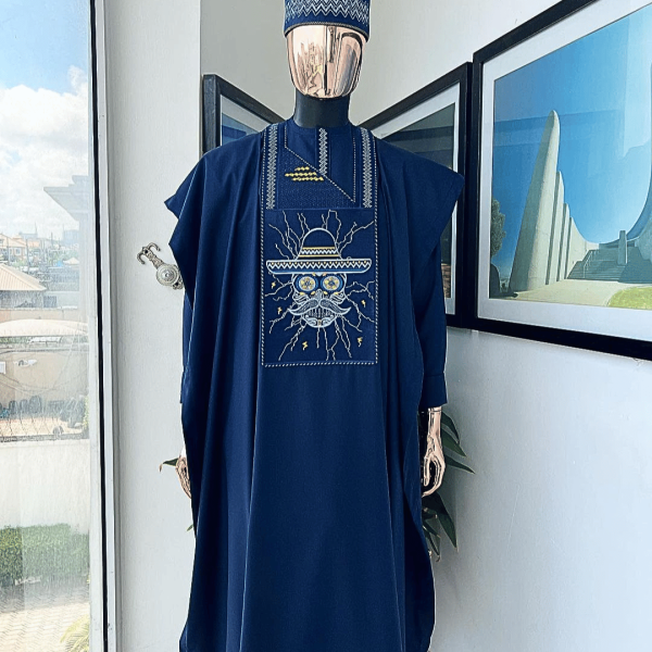 A Navy Blue, vexing demagogue metallic wire embroidery details agbada