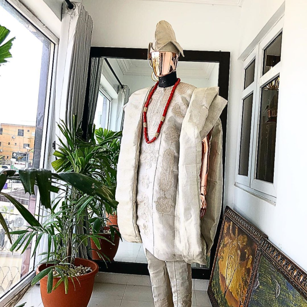 A Champagne Gold  Interconnected Embroidery 3 Piece Traditional Agbada