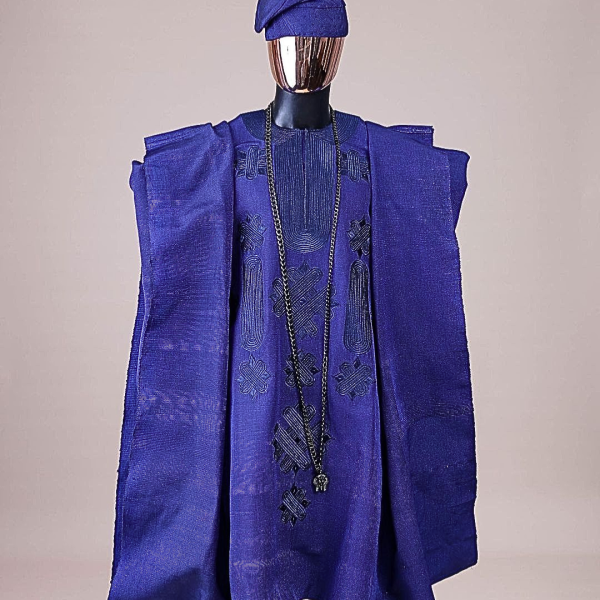 A Navy blue aso-oke, spiral embroidery detailing agbada