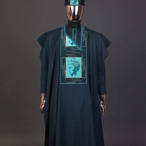 A Sacramento green, mama Charlie on gold embroidery details, long sleeve kaftan, hat & sokoto