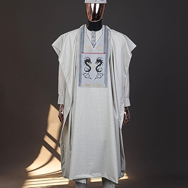 A Pearl River Grey, House Of Dragon Embroidery Details Agbada