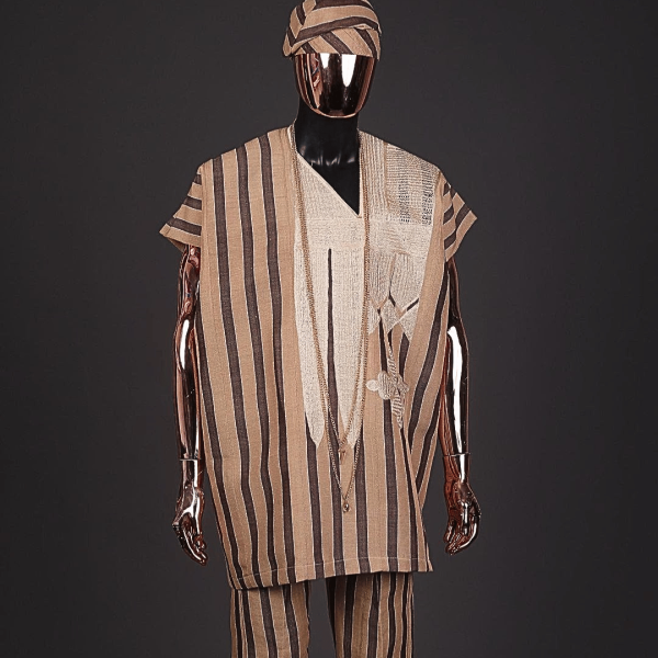 A Bold stripe dark and light brown dashiki, Sokoto, and hand-knitted Fila Yoruba, African native.