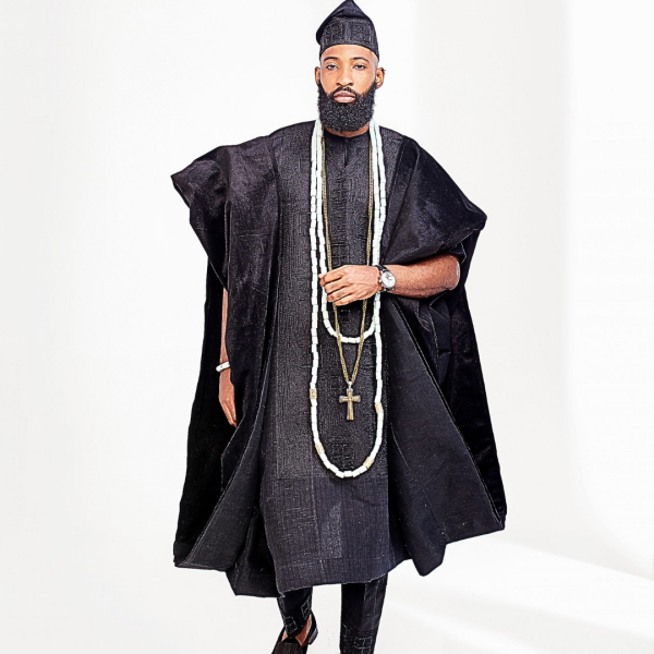A Charcoal Black embroidery detailing with Swarovski Stone detailing Aso Oke Agbada