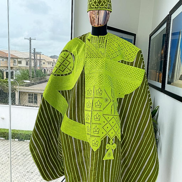 A Stripe Lemon Green And Olive Green, Aso Oke Regal Agbada