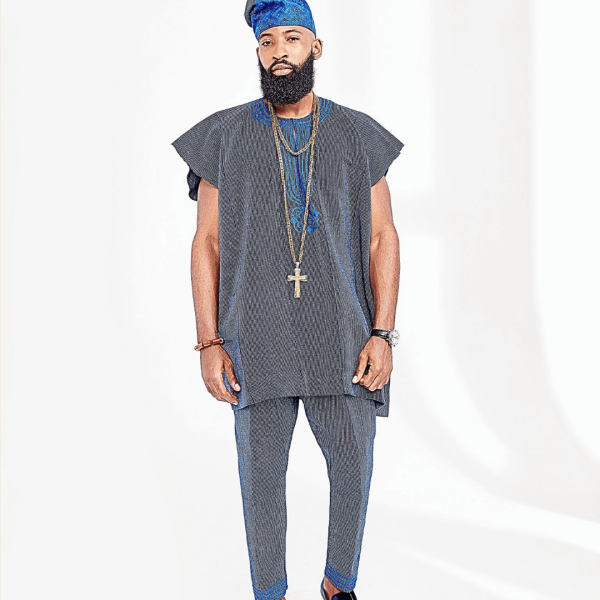 A Navy Blue Aso Oke Dashiki And Hand Wooven Yoruba Hat