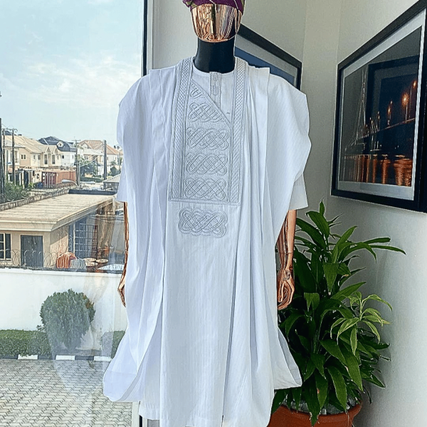A Cocaine White dotted round and interwoven line embroidery agbada