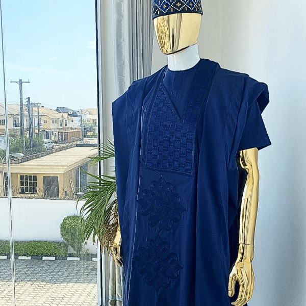 A Navy Blue Voil agbada with dotted lines embroidery design, kaftan and sokoto