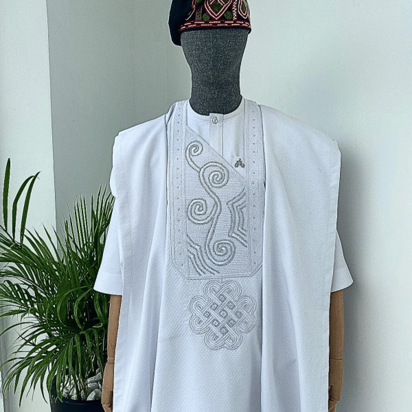 A Cocaine white with a floral Japanese intersection design with Swarovski stone detailing Agbada