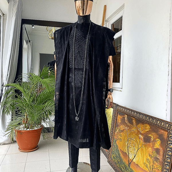 A Monochrome Charcoal black Voil connected embroidery Agbada