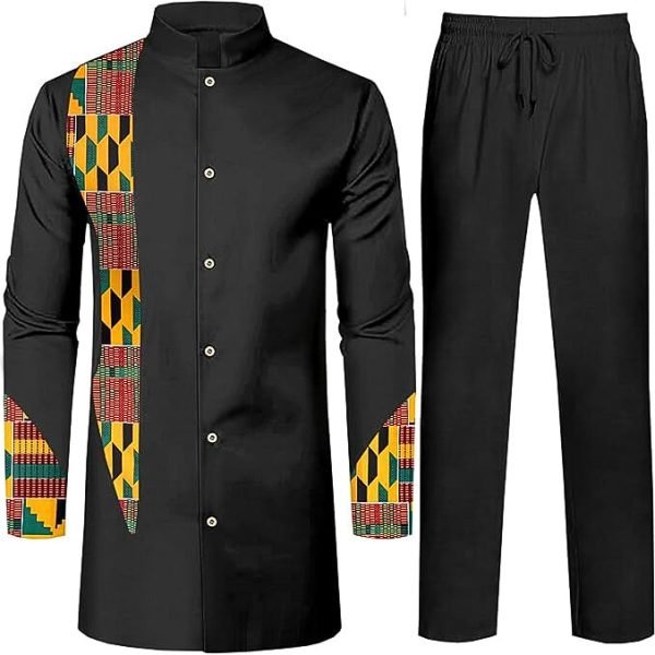 Men's African 2 Piece Set Dashiki Long Sleeve Kente Print and Pants Outfit Traditional Suit Party Clothes Attire