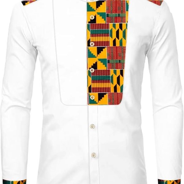 African for Men Dashiki Traditional Kente Pattern Printed Long Sleeve Casual Top Shirt