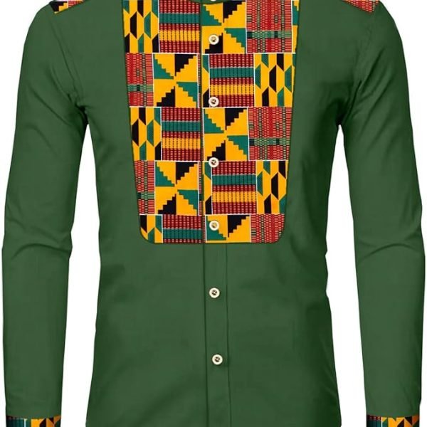 African for Men Dashiki Traditional Kente Pattern Printed Long Sleeve Casual Top Shirt