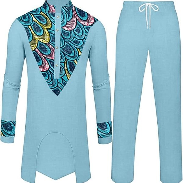 African Suits for Men Dashiki Traditional Attire Kente Print Shirts and Pants 2 Piece Set Outfits Tribal Clothing