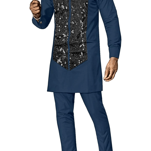 African Suit for Men Dashiki Fashion Sequin Clothing Shirt and Pants Ethnic 2 Piece Outfit