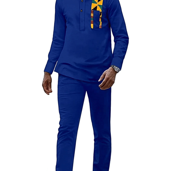 African Suit for Men 2 Piece Set Traditional Long Sleeve Button up Dashiki Shirt and Pants Casual Outfit