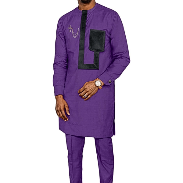 African Suits for Men Slim Fit Dashiki Splice Velvet Long Shirt and Pants 2 Piece Set Casual Outfits