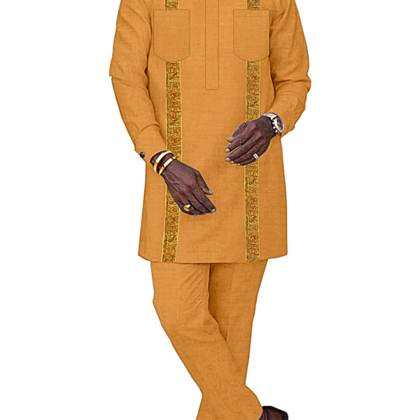 African Suit for Men Sets Dashiki Two-Pocket Long Sleeve African Mens Clothing Casual 2 Piece Sets