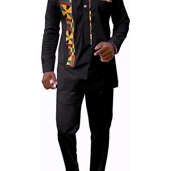 African for Men Kente Print Suit Dashiki Outfits Shirt and Pants Traditional Casual 2 Piece Sets