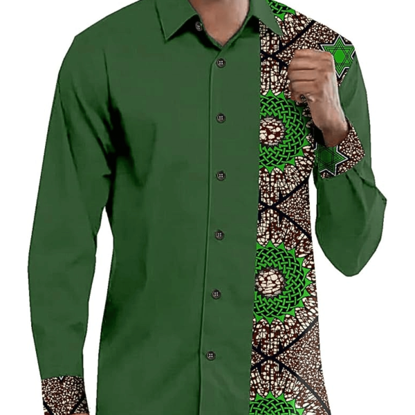 Men's African Traditional Pattern Printed Dashiki Long Sleeve Button Down Shirts Slim Fit Ankara Tribal Top Shirt