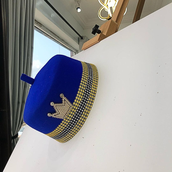 Royal Blue African Traditional Hat With Gold Adornment