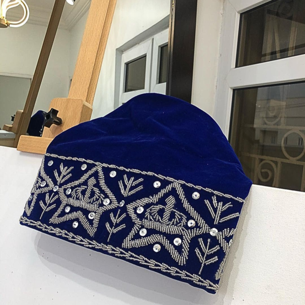 A Royal Blue and Silver Embroidery African Traditional Hat