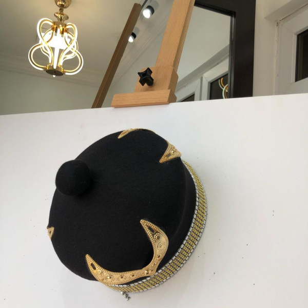 African IBO Black Royal Traditional Hat With Gold Swarovsky Adornment