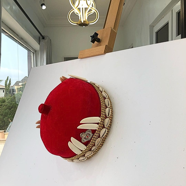 African IBO Red Royal Traditional Hat With Gold & Horn Adornment