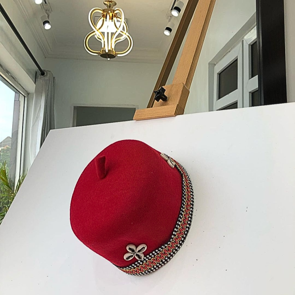 African IBO Red Traditional Hat With Gold Adornment