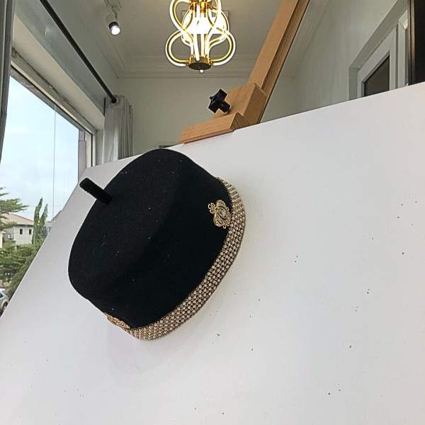 Black African Traditional Hat With Gold Adornment