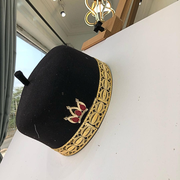 Black African Traditional Hat With Gold Adornment